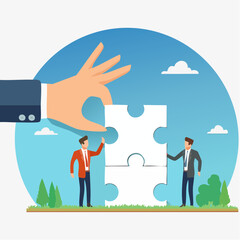 New joiner to fill in team and solve problem, teamwork to get solution, put right man in the right job to fit job description concept, businessman hand HR put new joiner to connect jigsaw puzzl