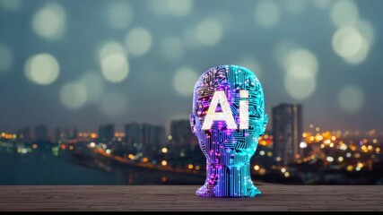 An AI head with the letters "AI" in front of it, illuminated by neon lights against a city skyline. The figure is made entirely of digital circuitry and has an AI expression on its face. - Powered by Adobe