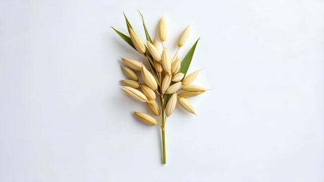 Delicate oat plant sprig with golden husks and slender green leaves isolated on clean white background for botanical study or agricultural harvest concepts.