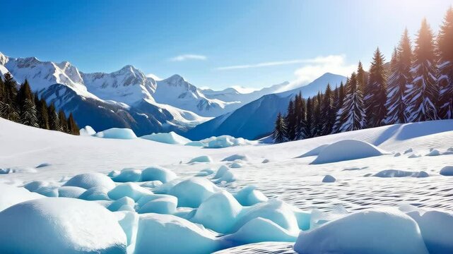Water bottle filled with melting ice cubes sitting in a frozen mountain landscape on a sunny winter day - Powered by Adobe