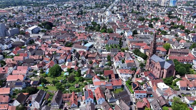 Aerial view of a Ferris wheel in Langen, Hesse, Germany.