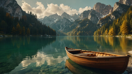 Obraz premium Tranquil Wooden Boat on Alpine Lake