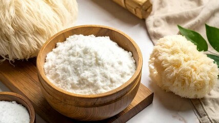 Presentation of lion's mane mushrooms with powder in wooden bowls on cutting board, showing the medicinal properties and food usage