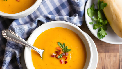 Creamy Roasted Butternut Squash Soup from Scratch. isolated with white highlights