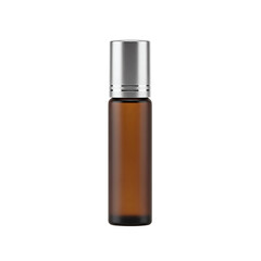 Amber glass roll-on bottle with silver cap, isolated on transparent background