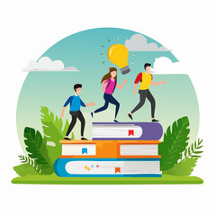 Knowledge or education to help business success, wisdom or learning to help employee achieve goal, training or education course concept, people running on growth book stack to achieve goa