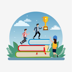 Knowledge or education to help business success, wisdom or learning to help employee achieve goal, training or education course concept, people running on growth book stack to achieve goa