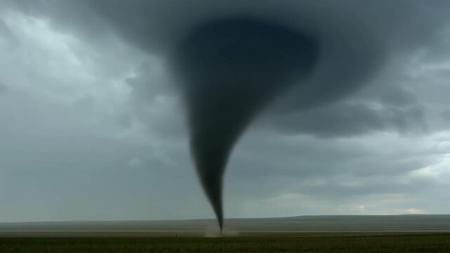 Large tornado funnel cloud over open plain under stormy sky &mdash; extreme weather phenomenon captured in dramatic landscape