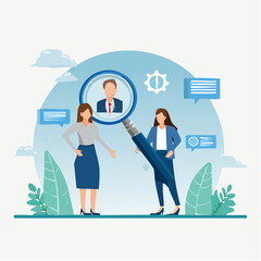 Recruitment finding candidate for job applicant, human resources HR analyze or scan candidate winner, search new people for job opportunity concept, HR recruiter magnifying glass analyze candidat