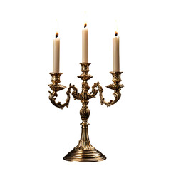 Elegant brass candelabra with three lit candles on background illuminating atmosphere of warmth and romance decorative vintage lighting fixture
