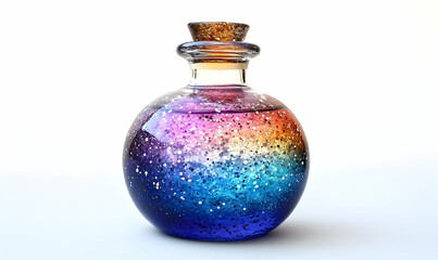 Round glass bottle filled with a vibrant, colorful liquid and sparkling glitter, sealed with a cork, on white backdrop