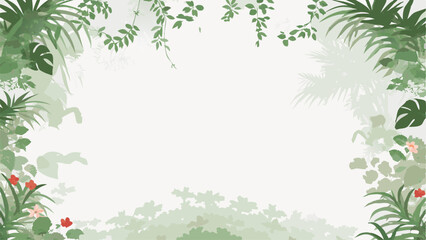 Obraz premium Illustration of a tropical jungle frame with various green plants and flowers on a light background