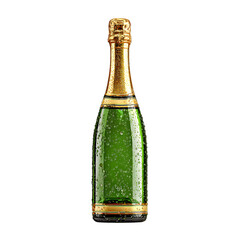 Elegant green champagne bottle with gold foil and water droplets isolated on a isolated on white transparent background perfect for celebrations