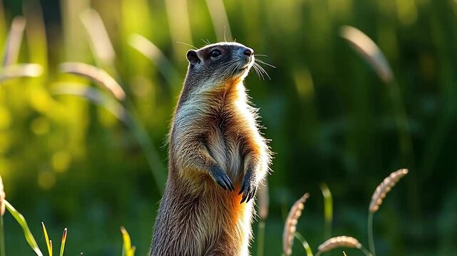 A standing European ground squirrel in a grassy field. The animal has a brownish coat and is alert, surrounded by tall grass and soft sunlight.