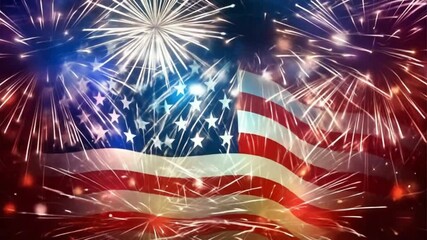 Celebrating US Independence Day with fireworks and the American flag. Brightly colored fireworks against the backdrop of the American flag. 4 of July celebration - Powered by Adobe