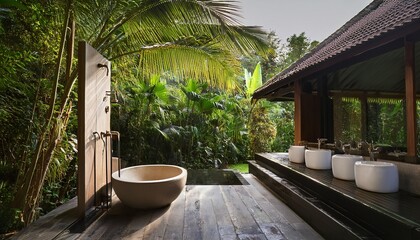 bali style outdoor shower and bathtub in luxury tropical garden spa zen wellness retreat for ultimate relaxation and nature connection