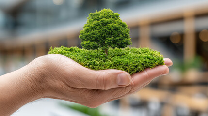 Dłoń trzyma miniaturowe drzewo porośnięte trawą, symbolizujące troskę o środowisko i ekologię. W tle rozmyte nowoczesne budynki miejskie.