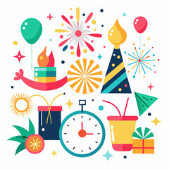 Festive New Year’s Eve Vector on White Background, Fireworks and Midnight Clock Illustration