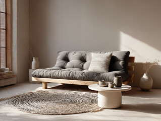 calm studio with natural light, wood-framed futon, low ceramic coffee table, handwoven mat, monochrome tones