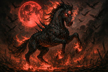Demon Horse with Glowing Eyes and Pentagram Under Blood Moon in Apocalyptic Hellfire