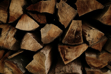 Close-up view of cut firewood logs showing textures and tree rings in Staro Selo, Serbia