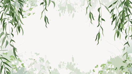 Botanical illustration featuring hanging willow branches and subtle floral accents in soft green tones