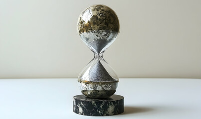 Hourglass with silver sand, patterned globes, resting on a dark, marbled base against a light background
