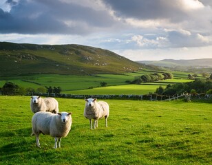 Obraz premium scenic irish landscape with sheep grazing on a backdrop of green hills green pastures and sheep in irish countryside