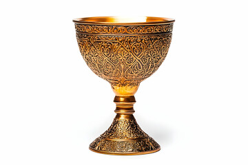 Ornate golden goblet with intricate designs, gracefully centered on a stark white background, casting delicate shadows