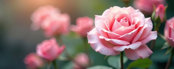 Fototapeta premium Delicate pink and white roses, lush blooms, soft petals , buds, blossom, pink rose