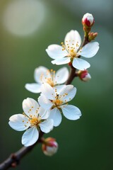 Fototapeta premium Delicate white blossoms on a flowering branch , white petals, spring bloom, flora
