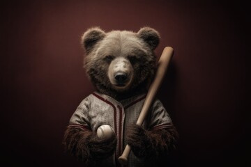 realistic bear baseball mascot in vintage-style uniform holding bat and ball on dark maroon background