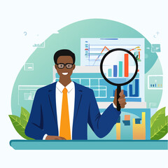 Trend analysis, marketing and sales information, analyze or predict trend line or profit, business forecast report concept, businessman analyst analyze trend graph and chart with magnifying glas