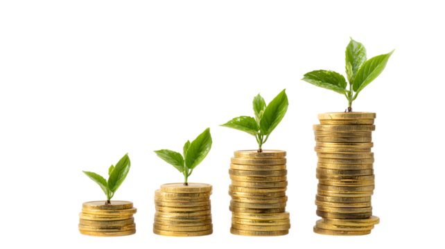 Financial growth concept illustrating rising wealth using stacks of gold coins with growing plants symbolic of investment progress