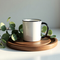 Stylish white mug with black handle on a wooden tray, perfect for a morning beverage