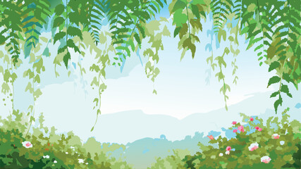 Obraz premium Illustration of a serene landscape with hanging vines and lush greenery in a peaceful scenery view