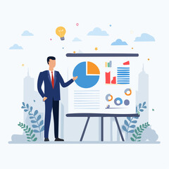 Sales pitch or presentation for business idea and opportunity, presenting proposal or plan to client or prospect, convince or selling concept, confidence businessman present sales pitch on whiteboar