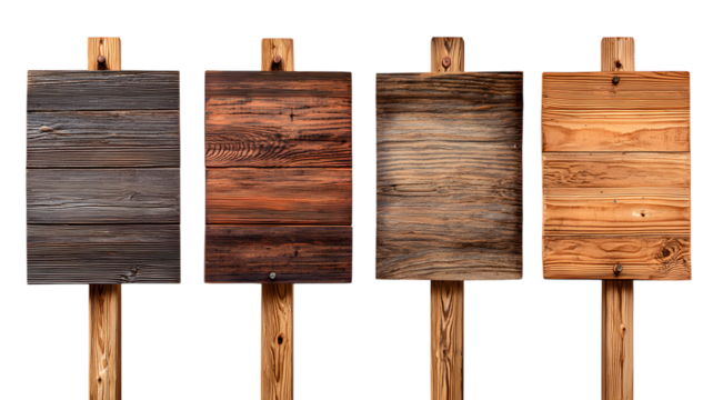 Four rustic wooden signboards displayed on wooden posts with a variety of textures and shades against a isolated on white transparent background - Powered by Adobe