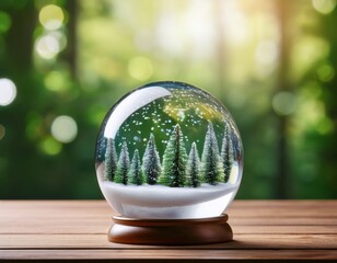 snow globe on wooden table with blurred green trees in bright daylight background