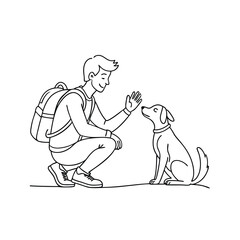 Minimalist Line Art Illustration of a Man with a Backpack and Dog - Ideal for Travel, Friendship, and Outdoor Adventure Concepts