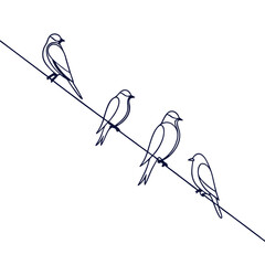 Minimalist Continuous Line Art of Four Birds Perched on a Wire - Ideal for Simplicity, Nature, and Connectivity Themes