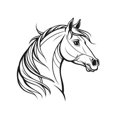 Elegant Stylized Black and White Line Art of a Horse Head with Flowing Mane - Ideal for Equestrian, Animal, and Decorative Designs