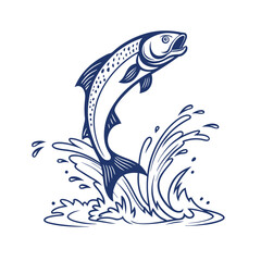 Dynamic Stylized Blue Outline of a Leaping Fish with Water Splashes - Ideal for Fishing, Seafood, Sport, and Aquatic Brand Logos