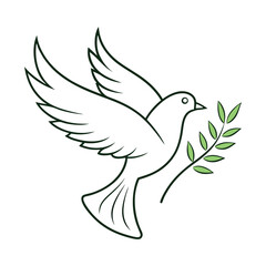 Minimalist Vector Outline of a White Dove in Flight Carrying an Olive Branch - Powerful Symbol of Peace, Hope, and Reconciliation