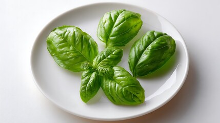 Fresh Basil Leaves on a White Plate