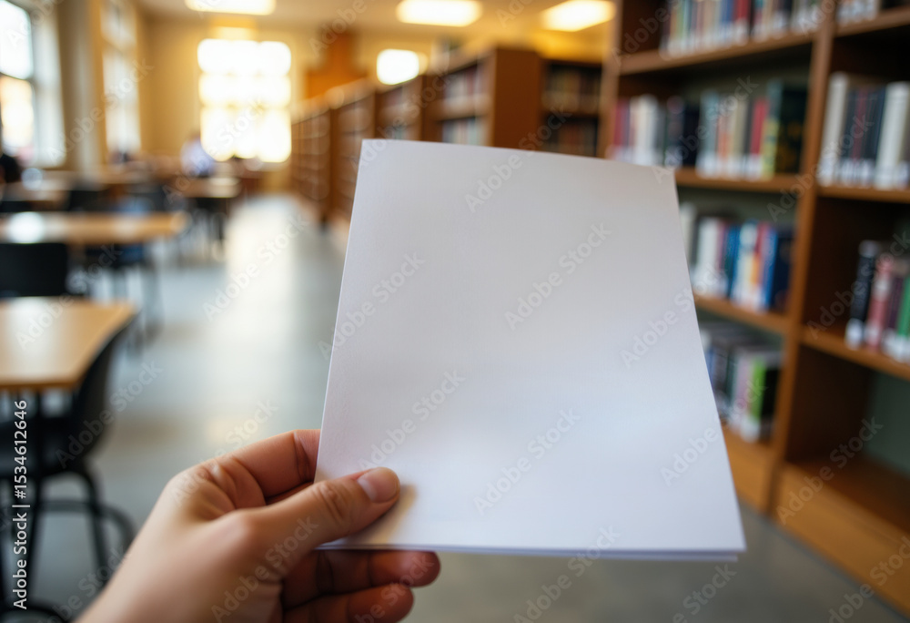 Aufkleber hand holding a blank white sheet of paper in a library setting with bookshelves in the background