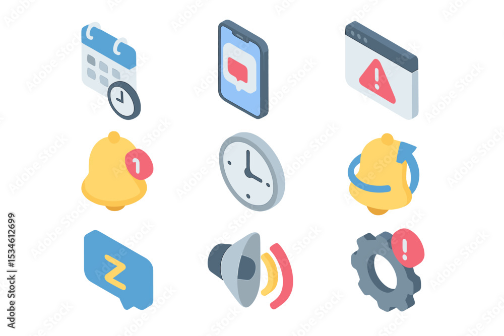 Wall mural isometric digital notifications and alerts with calendar and clock icons