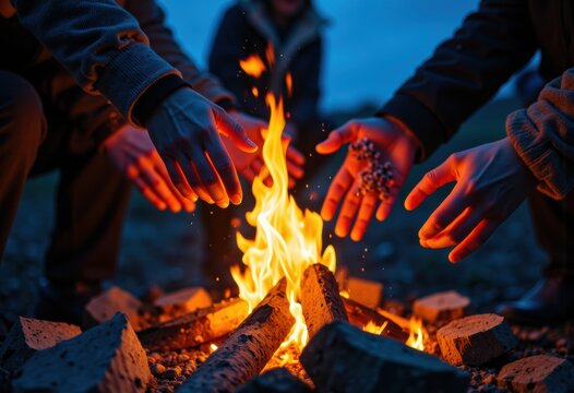 People gather around a campfire, warming their hands on a chilly evening outdoors