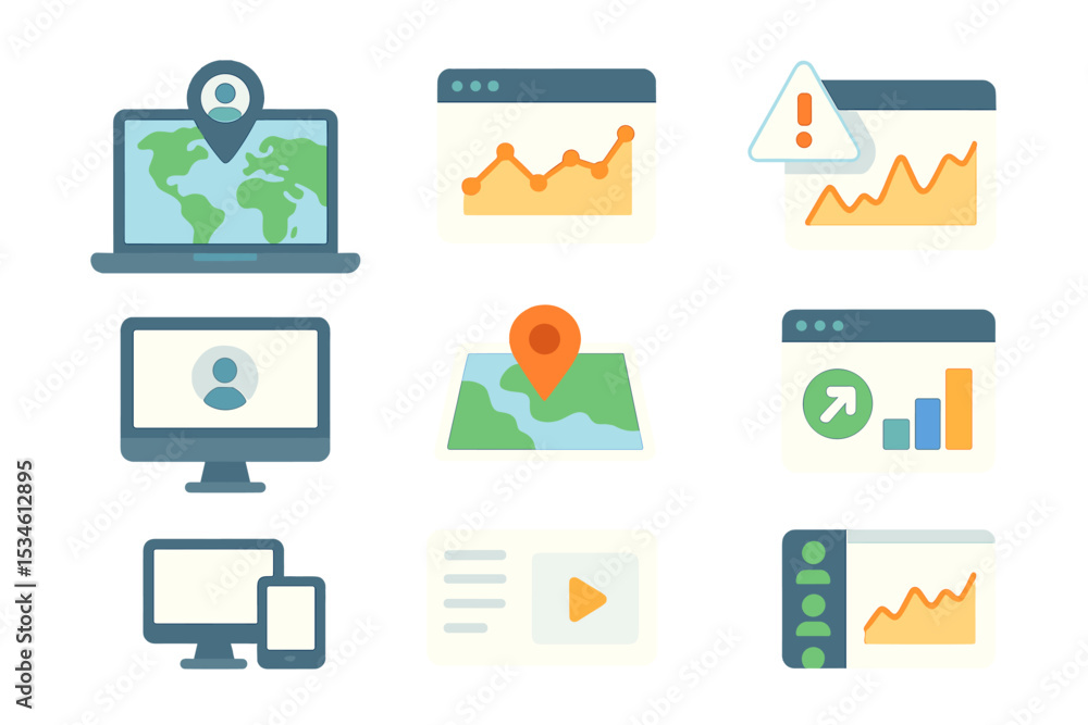 Fototapete digital analytics icons display on screens with maps and graphs