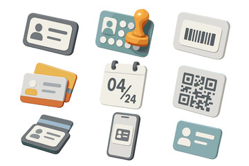 Digital identification, qr codes, barcode icons, calendar date, contact cards
